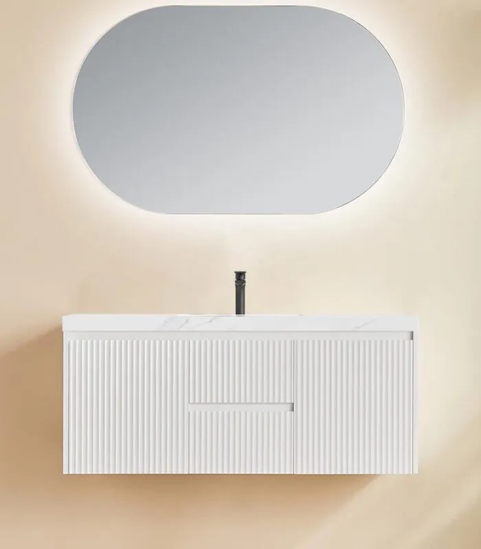 Brighton 1200mm Single Bowl Wall Hung Vanity Middle Drawer - Matt White With Sintered Stone Top