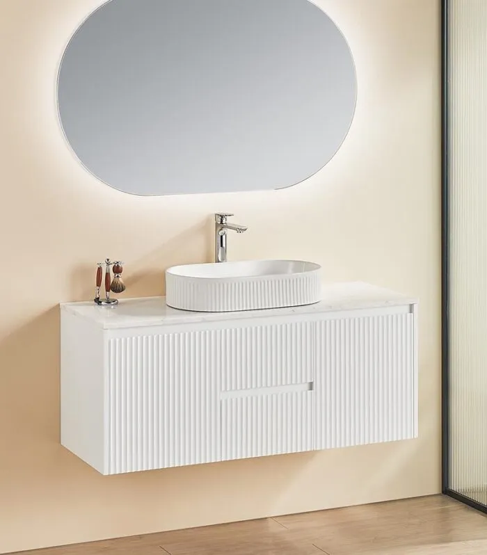 Brighton 1200mm Single Bowl Wall Hung Vanity Middle Drawer - Matt White With Matble Stone Top
