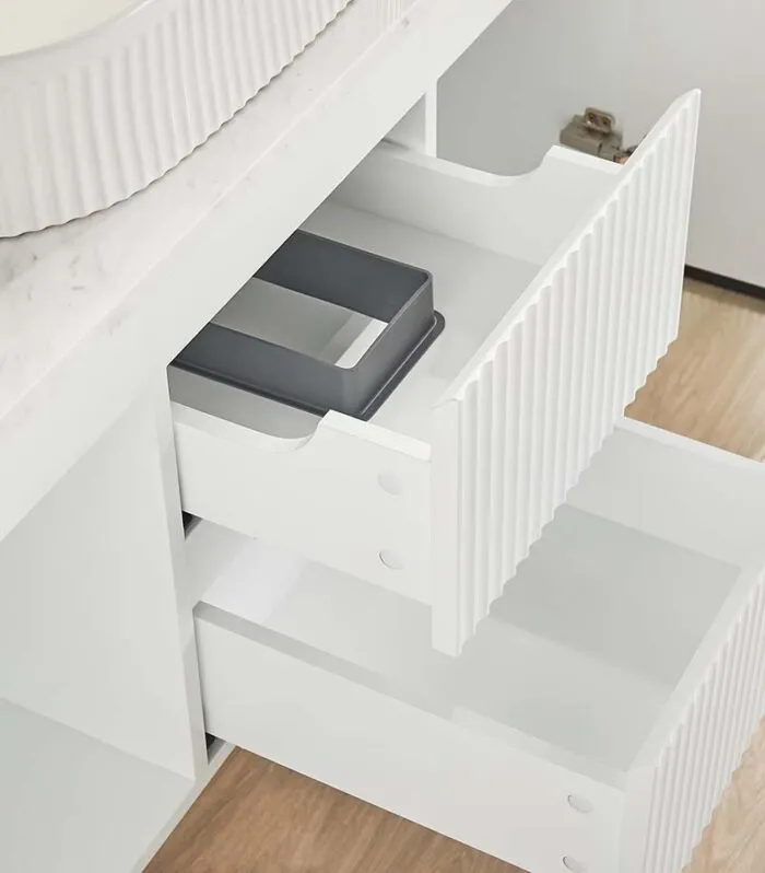 Brighton 1200mm Single Bowl Wall Hung Vanity Middle Drawer - Matt White Open Door