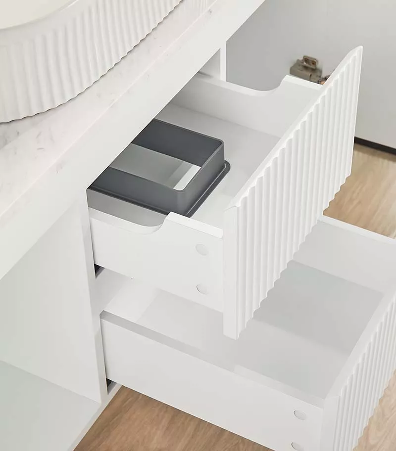 Brighton 1200mm Single Bowl Wall Hung Vanity Middle Drawer - Matt White Open Door