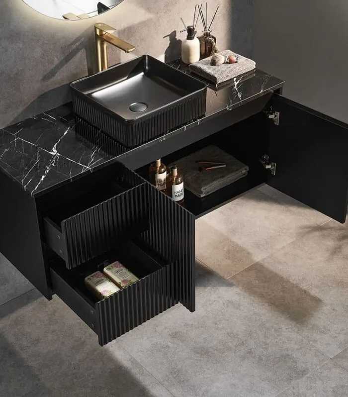 Brighton 1200mm Single Bowl Wall Hung Vanity - Matt Black Open Door