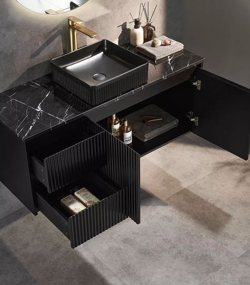 Brighton 1200mm Single Bowl Wall Hung Vanity - Matt Black Open Door