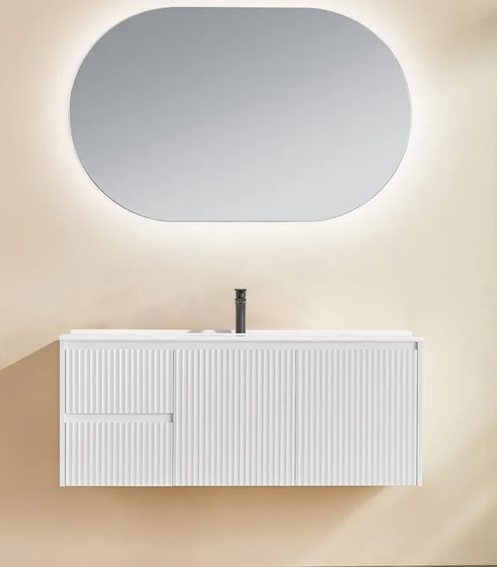 Brighton 1200mm Single Bowl Wall Hung Vanity LH Drawer On Side - Matt White With Ceramic Top