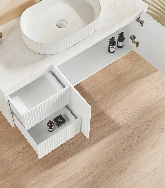 Brighton 1200mm Single Bowl Wall Hung Vanity LH Drawer On Side - Matt White Open Door