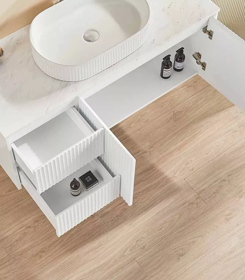 Brighton 1200mm Single Bowl Wall Hung Vanity LH Drawer On Side - Matt White Open Door