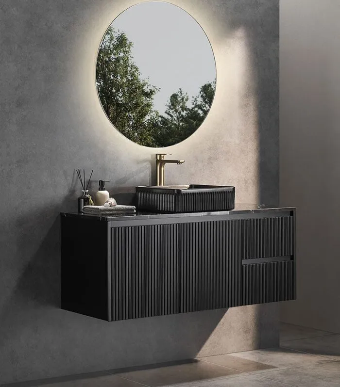Brighton 1200mm Single Bowl Wall Hung Vanity - Matt Black RH With Marble Stone Top