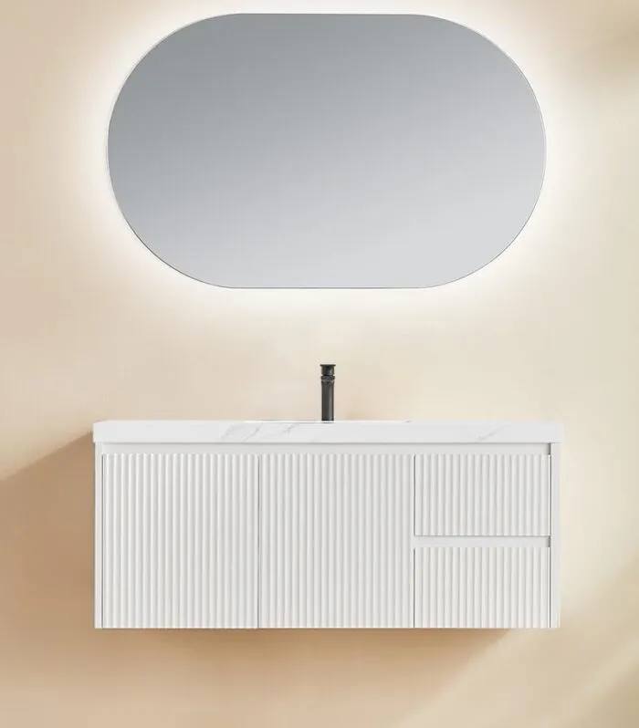 Brighton 1200mm Single Bowl Wall Hung Vanity RH Drawer On Side - Matt White With Sintered Stone Top