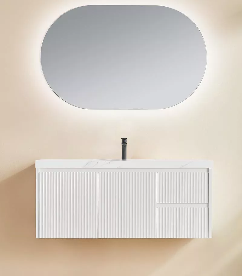 Brighton 1200mm Single Bowl Wall Hung Vanity RH Drawer On Side - Matt White With Sintered Stone Top