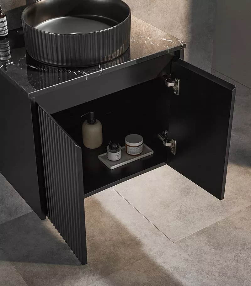 Brighton 600mm Wall Hung Vanity - Matt Black Open Door