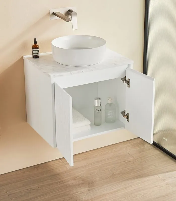 Brighton 600mm Wall Hung Vanity - Matte White Open Door