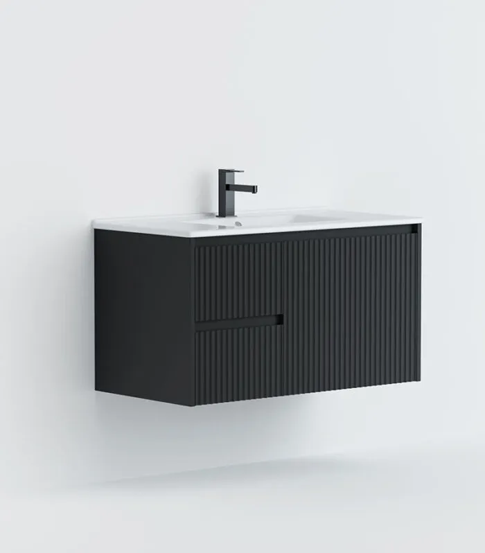Brighton 750mm Wall Hung Vanity – Matt Black LH with Ceramic Top