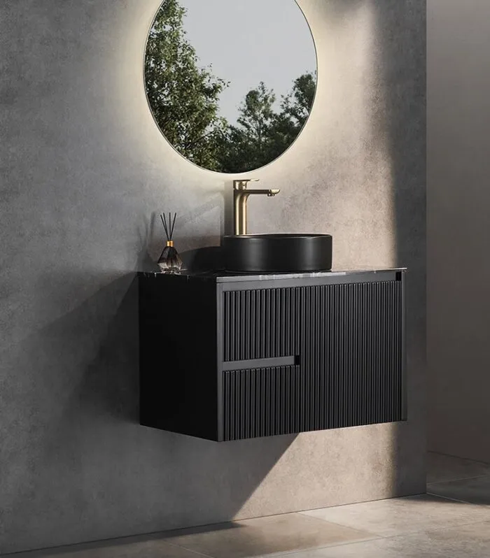 Brighton 750mm Wall Hung Vanity – Matt Black LH with Marble Stone Top