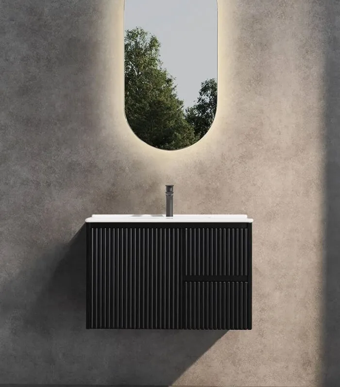 Brighton 750mm Wall Hung Vanity – Matt Black RH with Ceramic Top