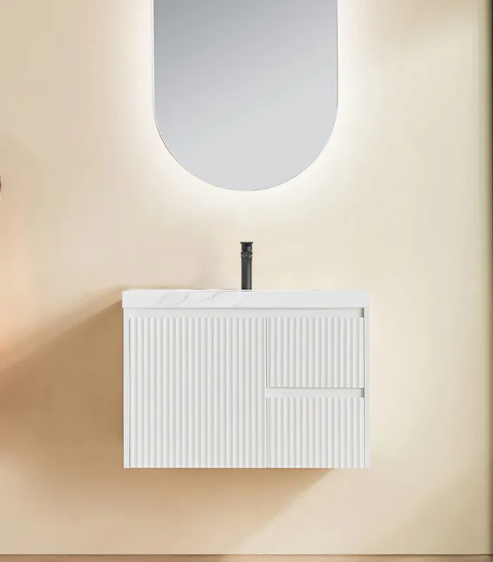 Brighton 750mm Wall Hung Vanity – Matt White RH with Sintered Stone Top