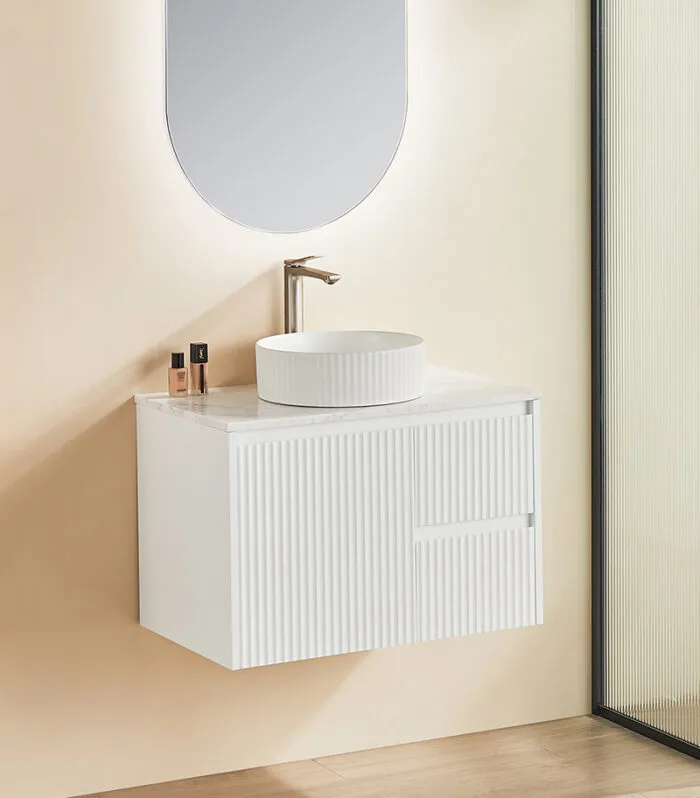 Brighton 750mm Wall Hung Vanity – Matt White RH with Marble Stone Top