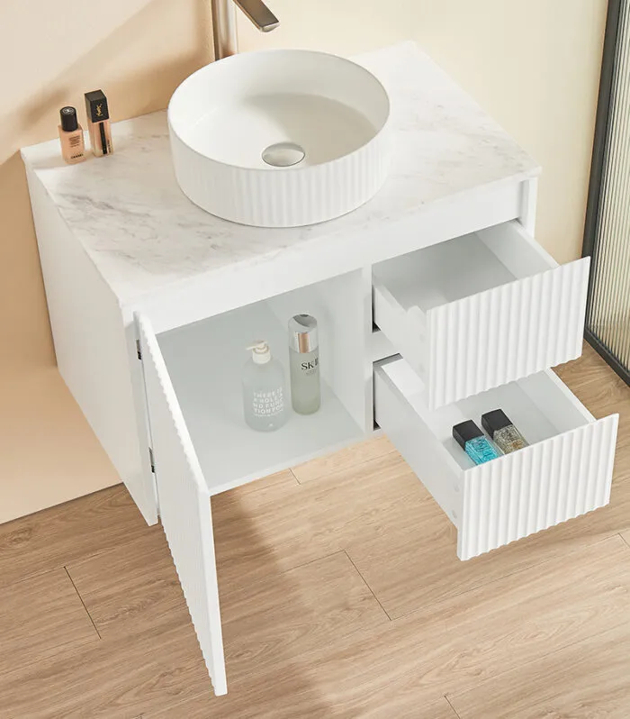 Brighton 750mm Wall Hung Vanity – Matt White Open Door