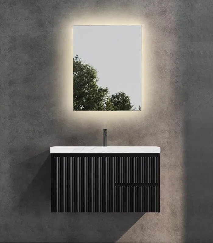 Brighton 900mm Wall Hung Vanity – Matt Black RH with Sintered Stone Top