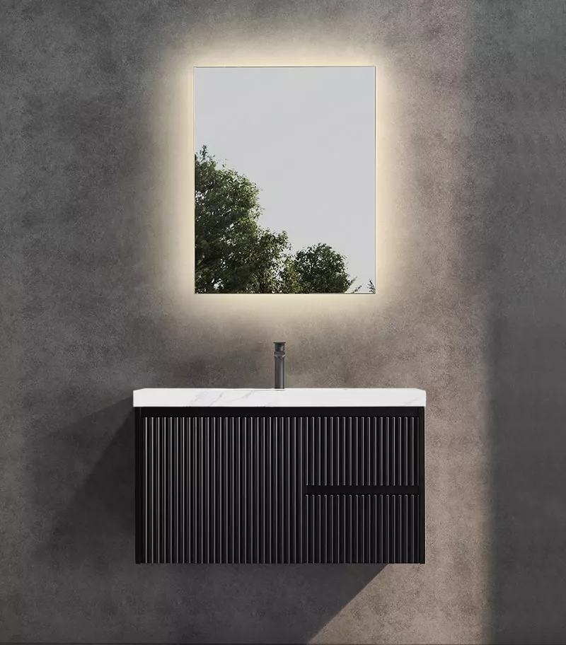 Brighton 900mm Wall Hung Vanity – Matt Black RH with Sintered Stone Top