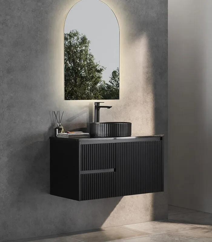 Brighton 900mm Wall Hung Vanity – Matt Black LH with Marble Stone Top