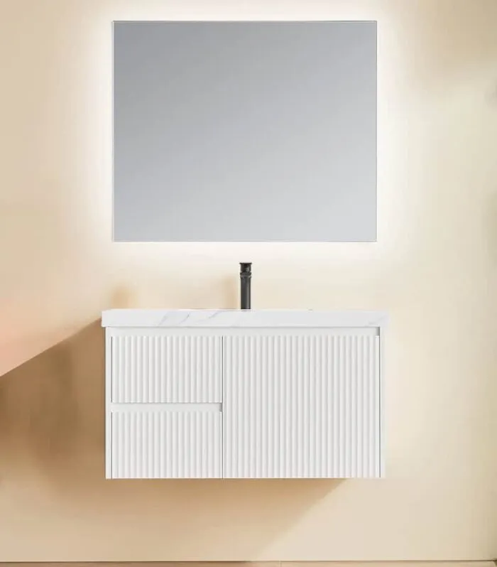 Brighton 900mm Wall Hung Vanity - Matt White LH with Sinetered Stone Top