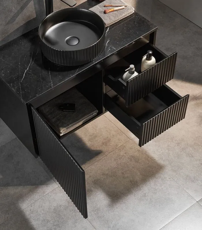 Brighton 900mm Wall Hung Vanity – Matt Black Open Door