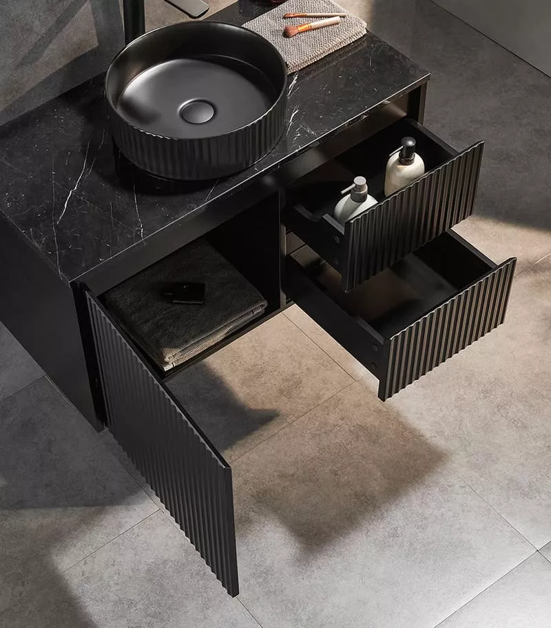Brighton 900mm Wall Hung Vanity – Matt Black Open Door