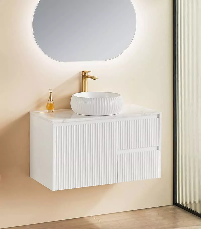 Brighton 900mm Wall Hung Vanity - Matt White RH with Marble Stone Top
