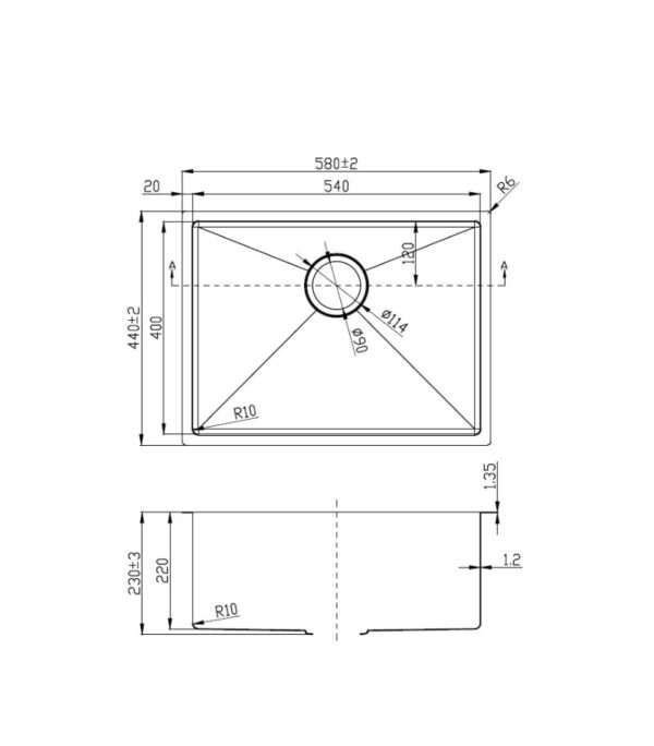 Eden 580x440x230mm Stainless Steel Single Bowl Sink - Specification