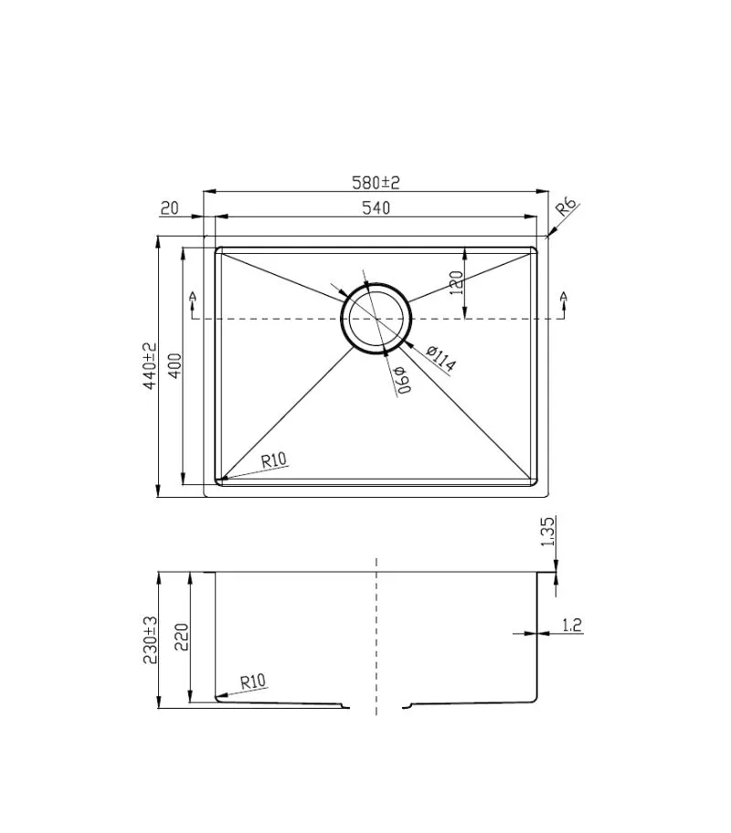 Eden 580x440x230mm Stainless Steel Single Bowl Sink - Specification