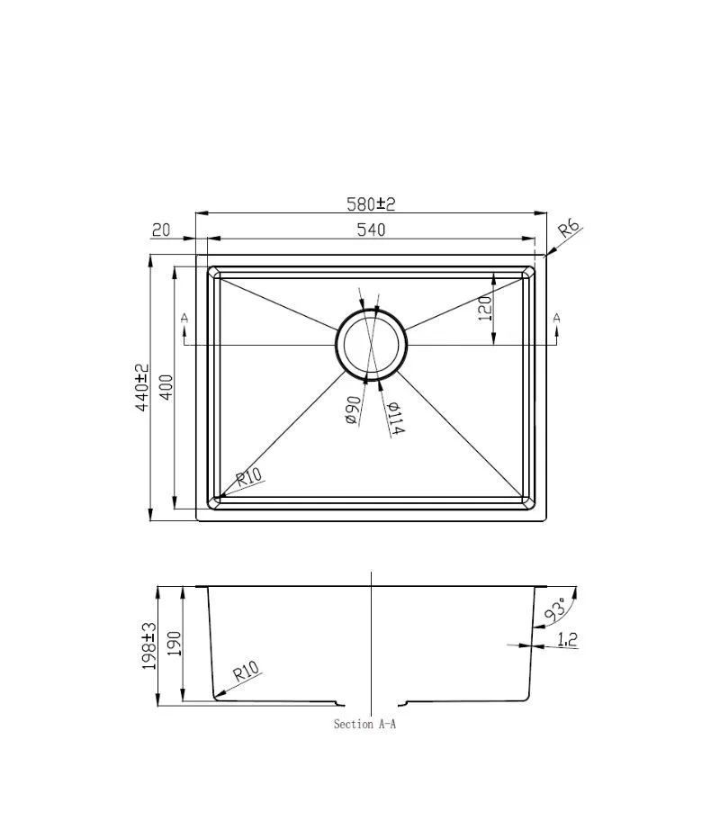 Eden 580x440x198mm Stainless Steel Single Bowl Sink – 93° Side Walls - Specification