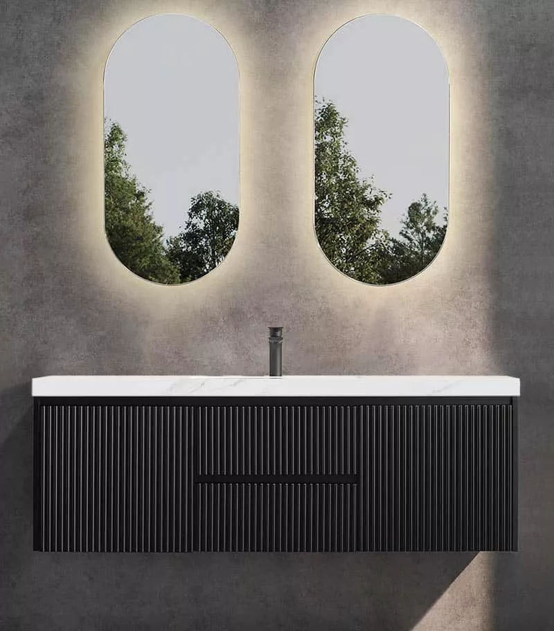 Brighton 1500mm Single Bowl Wall Hung Vanity | Middle Drawers - Matt Black With Sintered Stone Top