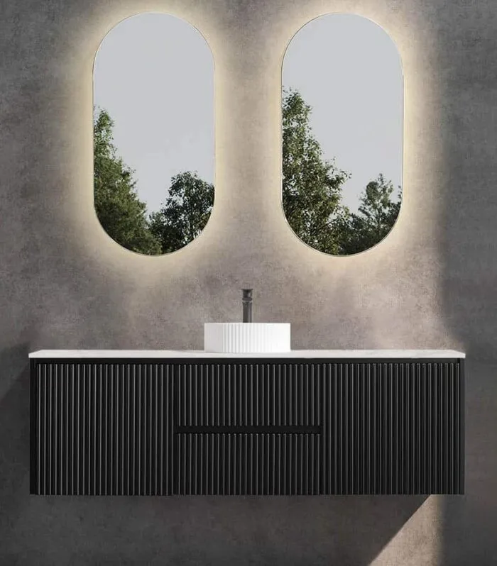Brighton 1500mm Single Bowl Wall Hung Vanity | Middle Drawers - Matt Black With Marble Stone Top