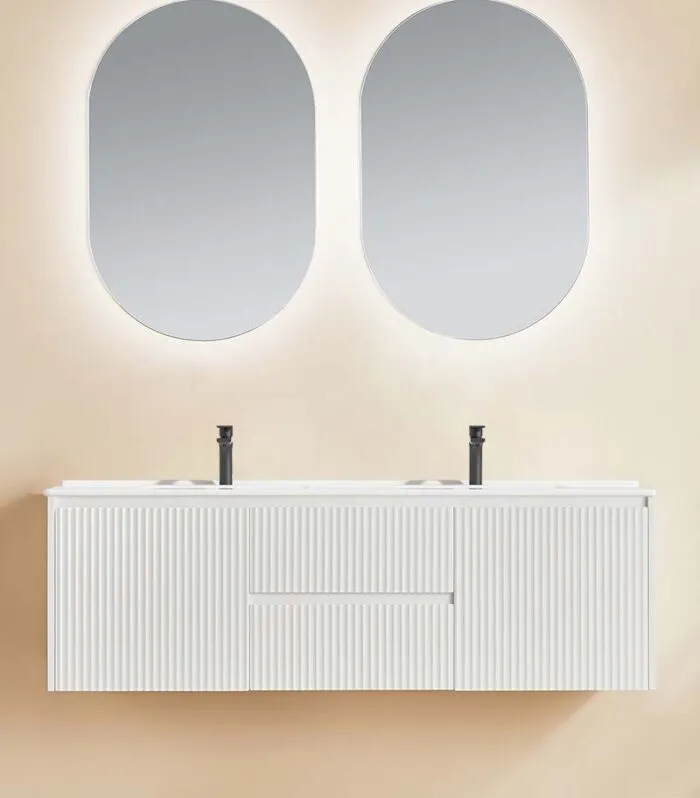 Brighton 1500mm Double Bowl Wall Hung Vanity | Middle Drawers - Matt White with Ceramic Top