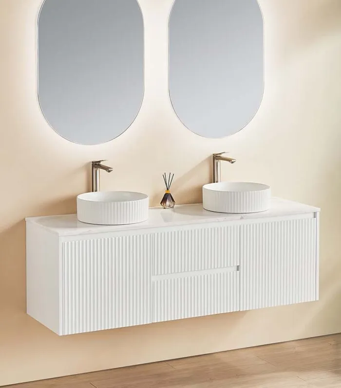 Brighton 1500mm Double Bowl Wall Hung Vanity | Middle Drawers - Matt White with Marble Stone Top