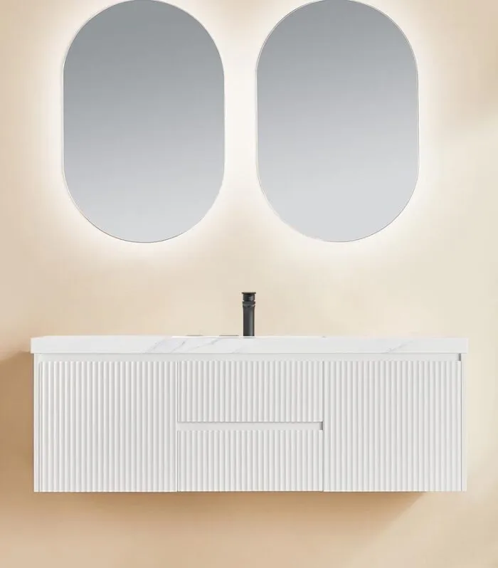 Brighton 1500mm Single Bowl Wall Hung Vanity | Middle Drawers - Matt White with Sintered Stone Top