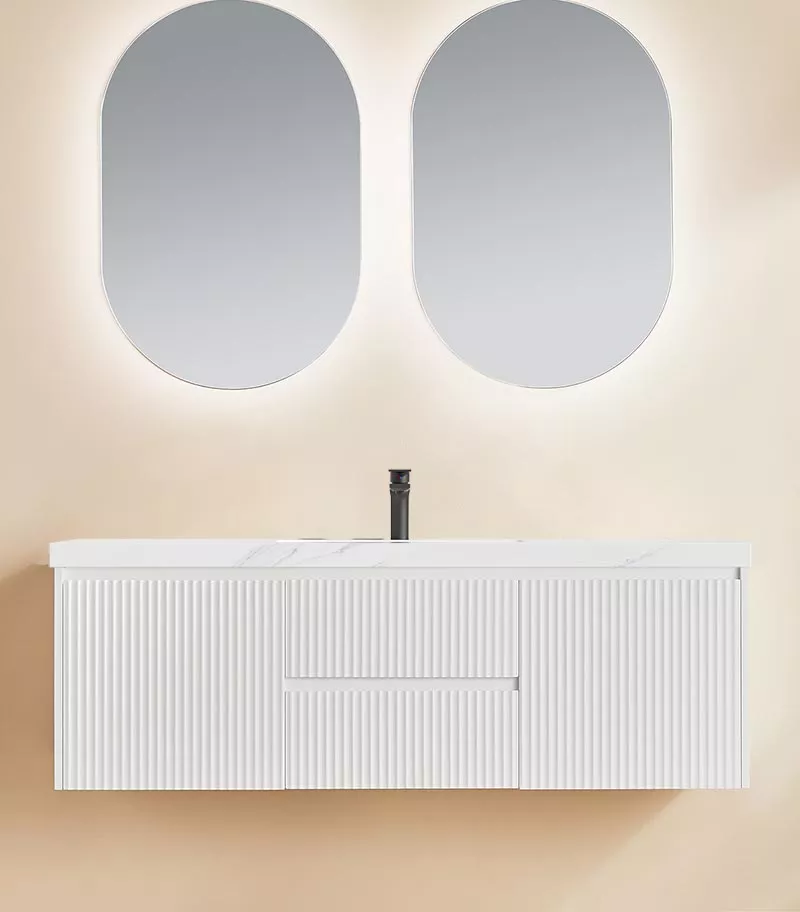 Brighton 1500mm Single Bowl Wall Hung Vanity | Middle Drawers - Matt White with Sintered Stone Top