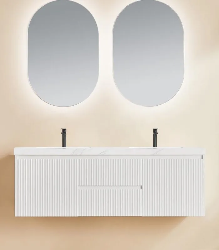 Brighton 1500mm Double Bowl Wall Hung Vanity | Middle Drawers - Matt White with Sintered Stone Top