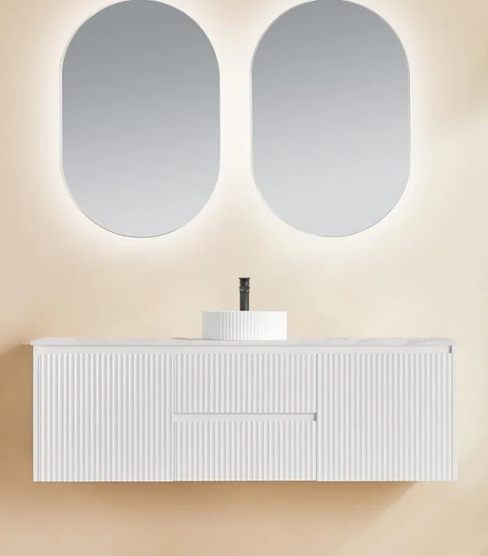 Brighton 1500mm Single Bowl Wall Hung Vanity | Middle Drawers - Matt White with Marble Stone Top