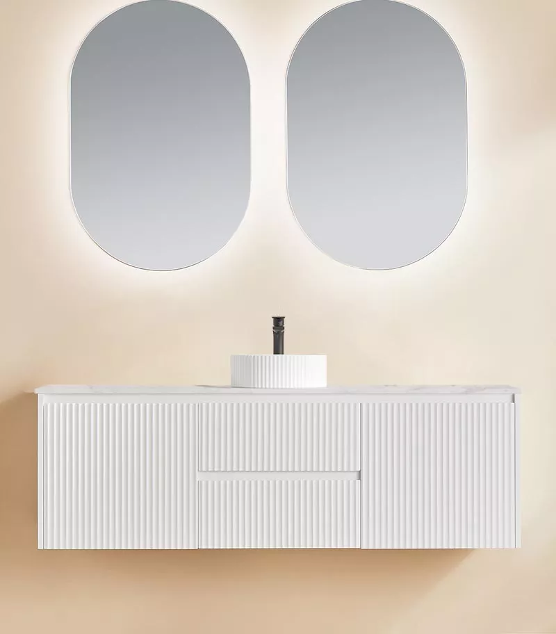 Brighton 1500mm Single Bowl Wall Hung Vanity | Middle Drawers - Matt White with Marble Stone Top