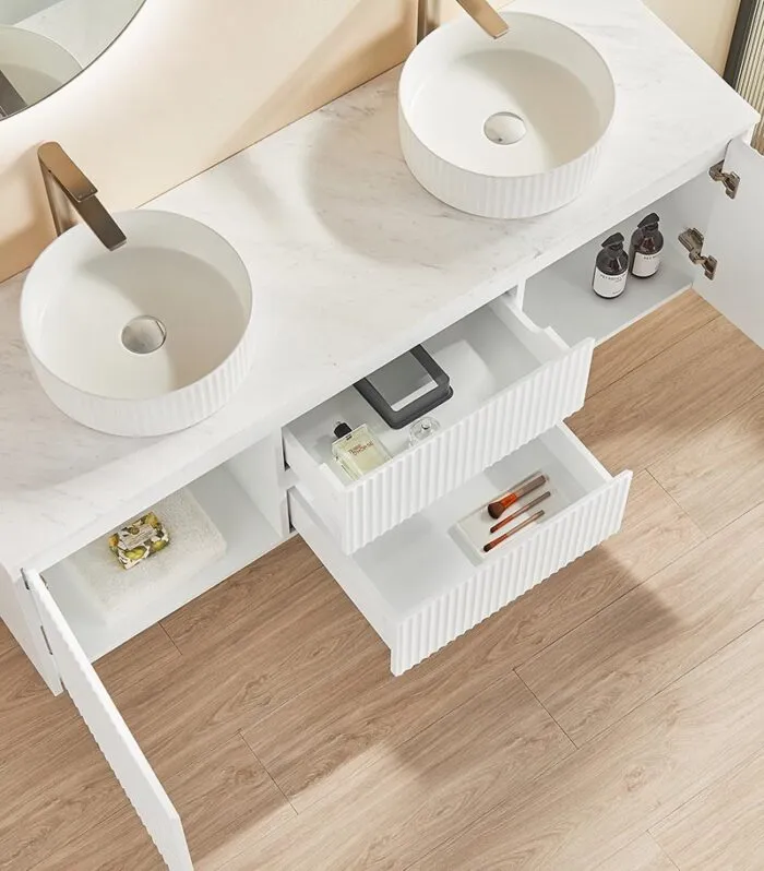 Brighton 1500mm Double Bowl Wall Hung Vanity | Middle Drawers - Matt White Open Door