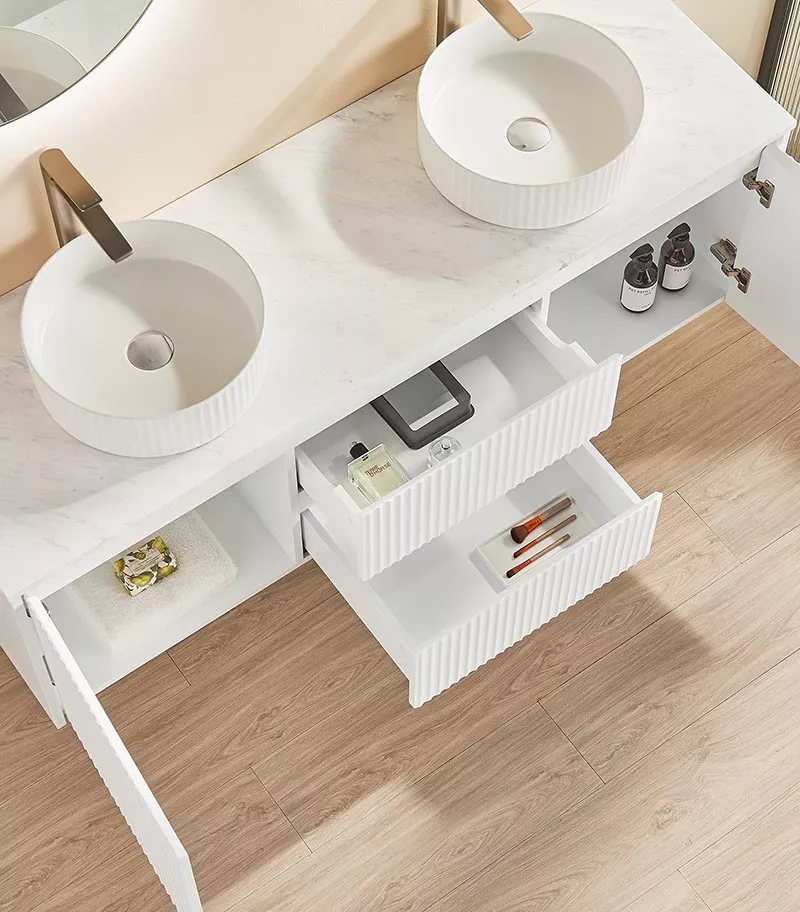 Brighton 1500mm Double Bowl Wall Hung Vanity | Middle Drawers - Matt White Open Door