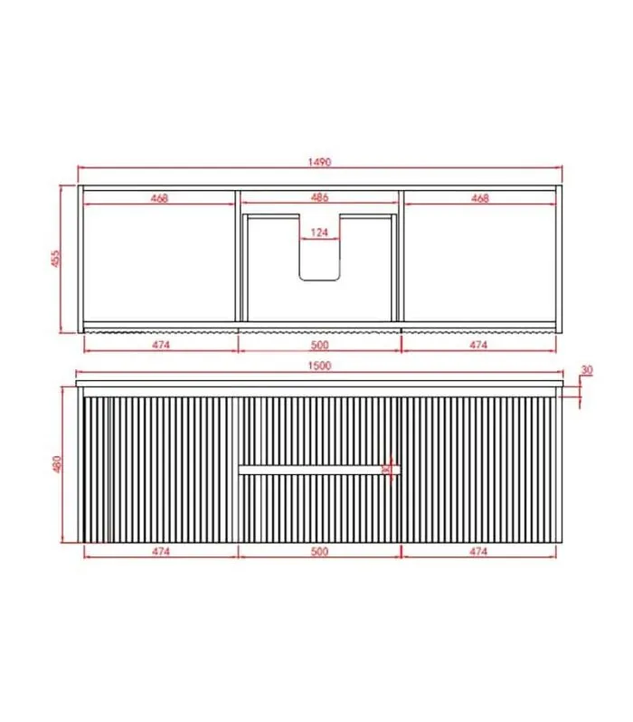 Brighton 1500mm Wall Hung Vanity | Middle Drawers Specification