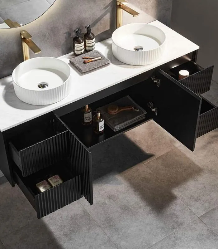 Brighton 1500mm Single Bowl Wall Hung Vanity - Matt Black Open Door