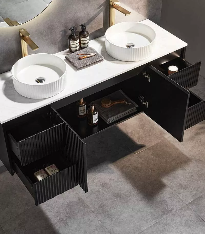 Brighton 1500mm Single Bowl Wall Hung Vanity - Matt Black Open Door