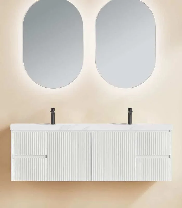 Brighton 1500mm Double Bowl Wall Hung Vanity - Matt White with Sintered Stone Top