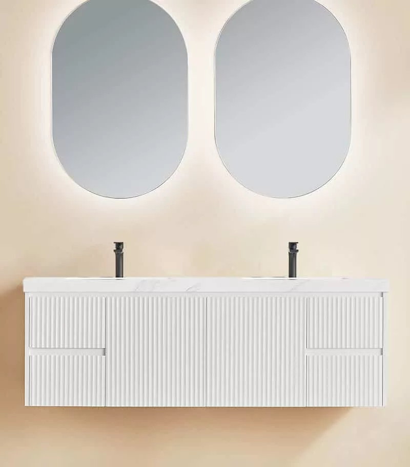 Brighton 1500mm Double Bowl Wall Hung Vanity - Matt White with Sintered Stone Top