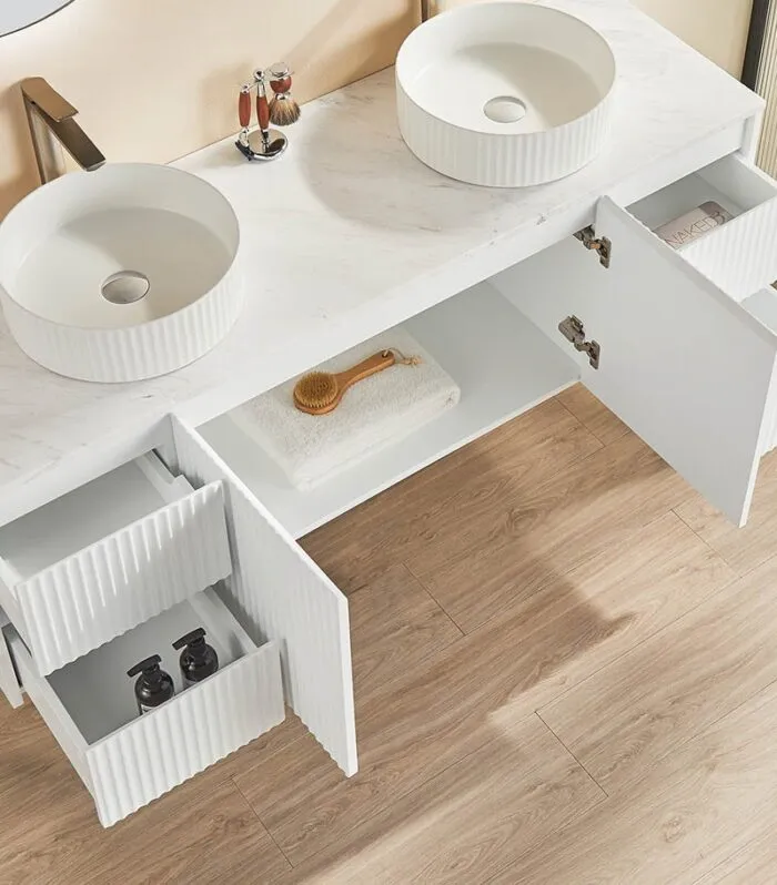 Brighton 1500mm Double Bowl Wall Hung Vanity - Matt White Open Door