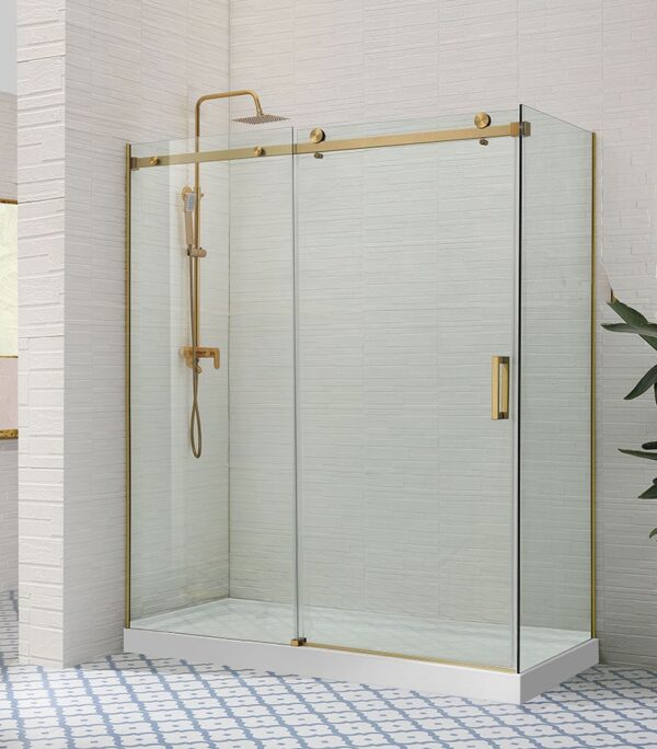 Square & L-Shape Frameless Sliding Door Shower Screen – Brushed Gold Fittings