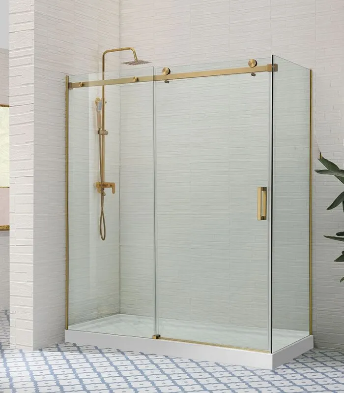 Square & L-Shape Frameless Sliding Door Shower Screen – Brushed Gold Fittings