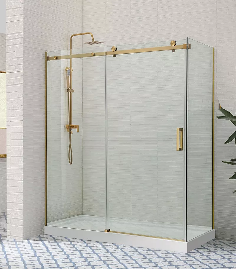 Square & L-Shape Frameless Sliding Door Shower Screen – Brushed Gold Fittings